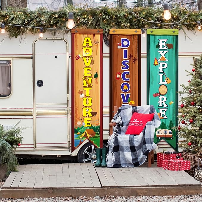 3 Pcs Camping Banners Party Decorations Camping Porch Sign Camper Adventure Door Banners Wall Decor for Camper Adventure Theme Birthday Celebrating Baby Shower Classroom Decorations