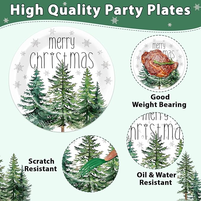 50Pcs Christmas Tree Paper Plates and Napkins Merry Christmas Watercolor Green Cedar Snowflake Party Tableware Set Xmas Pine Trees Disposable Dinnerware for Winter Xmas Holiday Party Decor Supplies