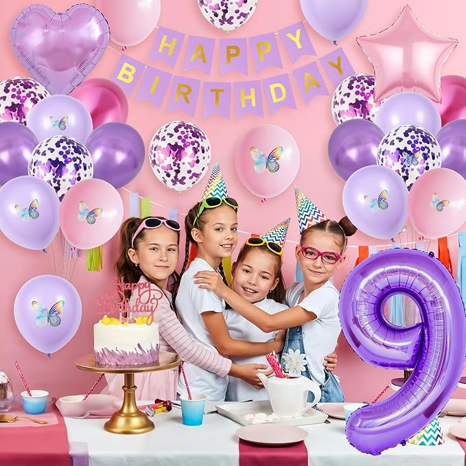 9th Birthday Decorations for Girl,Pink Purple 9th Butterfly Party Decorations 9 Birthday Balloons Pink Purple Banner Number 9 Balloons Cake Topper Butterfly Party Supplies for Girls