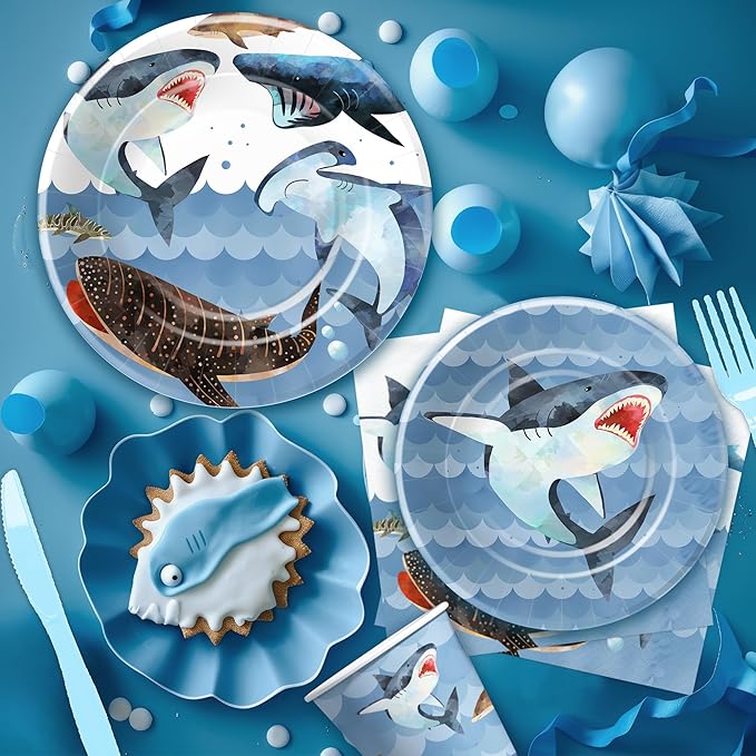 Shark Birthday Plates And Napkins Party Supplies - Ocean Under The Sea Shark Birthday Decorations Tableware, Paper Plate, Cup, Napkin, Disposable Fork, Serves 24