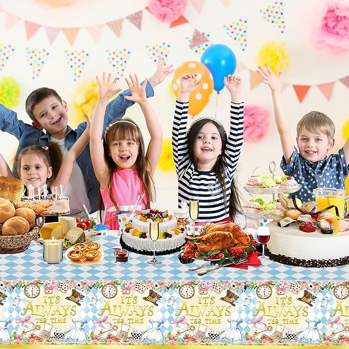 3PCS Wonderland Themed for Girls Kids Baby Shower 1st 2nd Birthday Party Decorations Tea Party Table Cover Table Cloth -54x108in