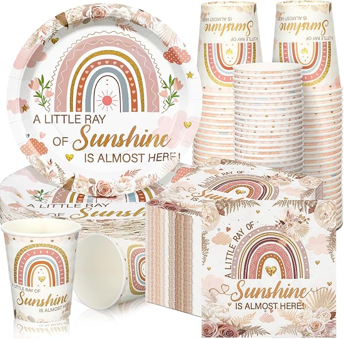 200 Pcs Rainbow Baby Shower Paper Plates Napkins Cups Baby Shower Party Supplies Tableware Set Boho Disposable Cup Napkin for 50 Guest Girls Spring Party Decoration