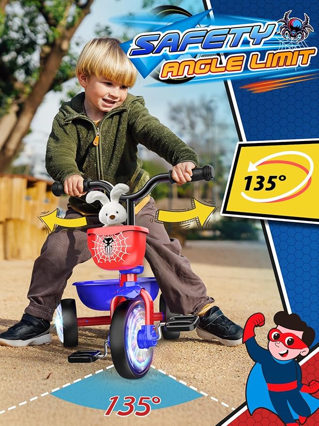 Tricycle for Toddlers 1-3 3-5 Year Olds, Spider Toddler Bike Baby Balance Bike with Colorful Lighting Wheels & Large Basket, Birthday Gift and Toy for 1 2 3 4 5 Year Olds Boys and Girls