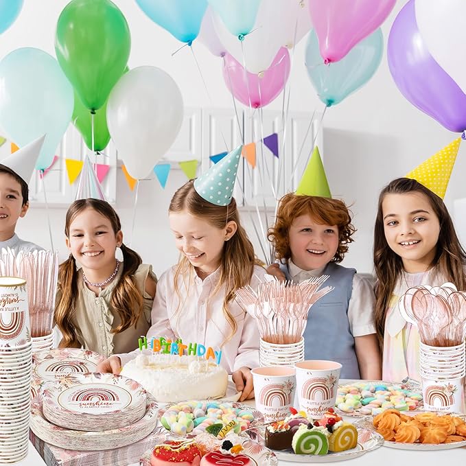 350 Pcs Boho Sunshine Baby Shower Party Supplies Rainbow Paper Plates Napkins Cups and Plastic Cutlery Party Tableware Set for Baby Shower Birthday Decorations, Serves 50