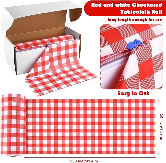 Kochorie 54 Inch x 300 Ft Red Checkered Plastic Table Cloth Roll Disposable Waterproof Table Cover with Easy Slide Cutter for Outdoor Picnic/Home Dining/Spring Party