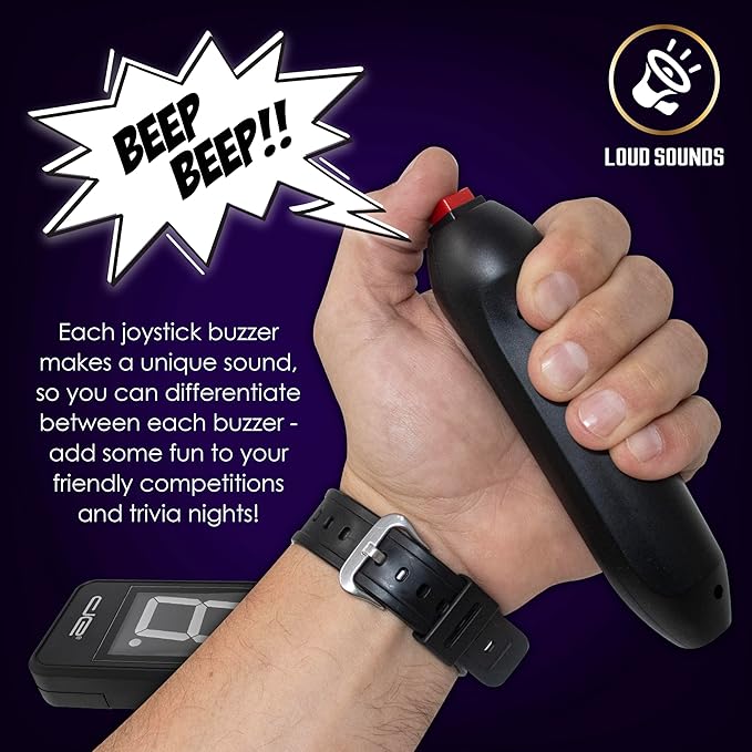 Digital Energy Wireless Handheld Game Buzzer System - Console Displays First Buzz-in - Great for Jeopardy, Family Feud, Trivia and Buzzer Games - 4 Joystick Buzzers