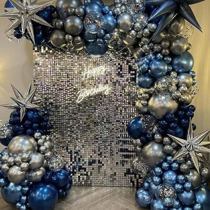 Navy Blue and Silver Balloons, 12 Inch Metallic Latex and Confetti Balloons for Birthday, Baby Shower, Graduation Decorations