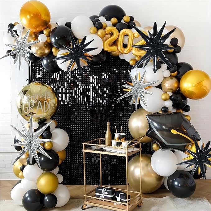 TONIFUL 8 Pcs Black Silver Star Balloons Large Explosion Star Mylar Decorations for Party Backdrop Christmas New Year Birthday Wedding Baby Shower Anniversary Photo Booth Supplies
