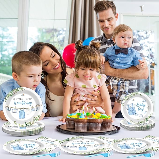 96Pcs Greenery Baby Shower Plates and Napkins Decoration Watercolor Blue Baby Boy Party Tableware Dinnerware Set A Sweet Boy Is On His Way Paper Plates for Gender Reveal Party Supplies Serve 24 Guests