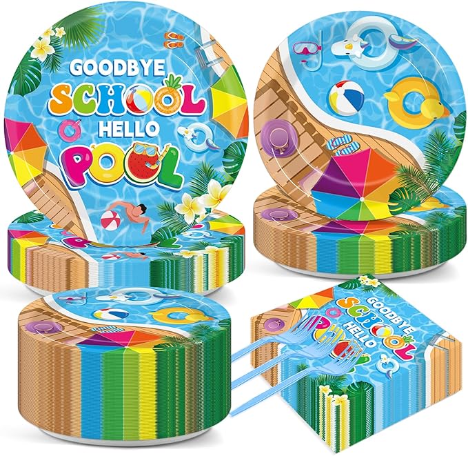 200pcs Goodbye School Hello Pool Plates Napkins End of School Year Party Tableware Set School's Out Disposable Decoration Summer Pool Dessert Plates Serve 50 Guests for Birthday Party Supplies