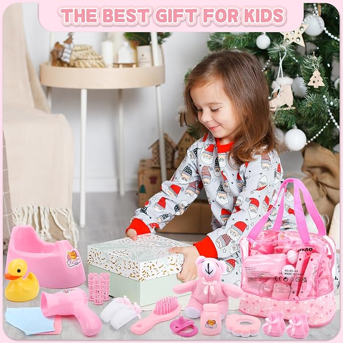 deAO 40 Piece Baby Doll Accessories Bag with Baby Feeding Accessories, Clothes, Doll Bear, Bath Toys, Soother Dummy and Much More - Great Nurturing Pretend Toy for Kids