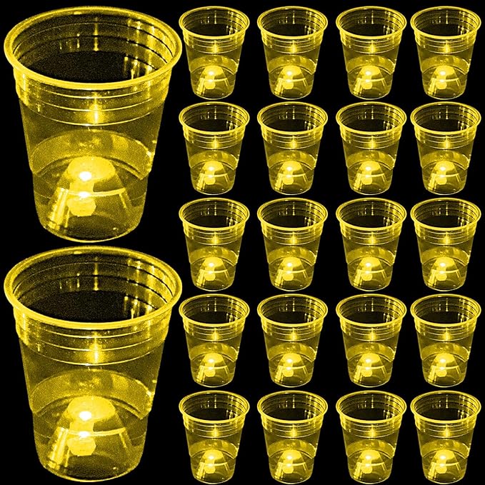 Glow in The Dark Yellow Party Cups 40 Pack (16 oz) - LED Light Up Plastic Cups for Summer BBQs Lemon Themes Birthdays, Neon Bright Drinking Cups for Sports Events Camping & Festival Decorations