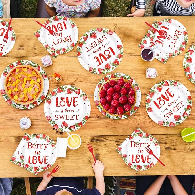 96Pcs Strawberry Bridal Shower Party Supplies Love is Berry Sweet Party Plates and Napkins Disposable Berry in Love Tableware Set for Women Bridal Shower Wedding Engagement Decorations Serves 24