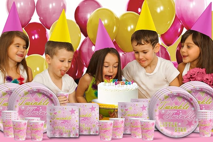 Twinkle Twinkle Little Star Pink Birthday Party Supplies Set Plates Napkins Cups Tableware Kit for 16