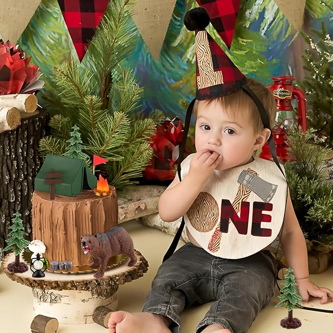Hooqict Camping Cake Decorations with Mini Tent, Campfire, Tree, Camp Sign, Animal Camping Cake Toppers & Cupcake Toppers for Forest Camp Themed Birthday Party Decorations Supplies