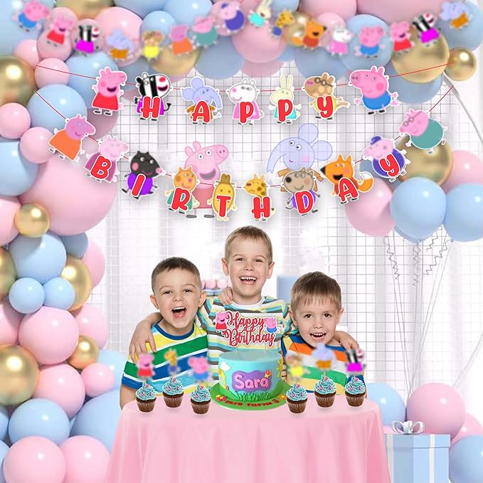 "Pepa Pig Theme Birthday Party Supplies – Cartoon Character Birthday Decorations – Happy Birthday Banner, Cake Topper, Cupcake Toppers & Party Décor for Boys and Girls Celebrations"