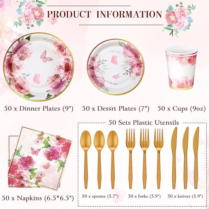 350 Pcs Tea Party Supplies Spring Summer Sage Green Sunflower Party Tableware Set Disposable Plates Napkins Paper Cups Plastic Cutlery Set For Birthday Bridal Baby Shower Serves 50(Floral)