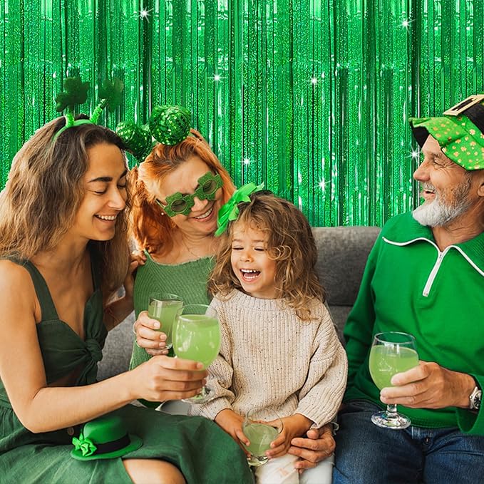 5 Pack Green Streamers Backdrop Metallic Foil Fringe Tinsel Curtains for Birthday Dinosaur Animal St Patrick's Day Football Christmas Jungle Theme Party Decorations