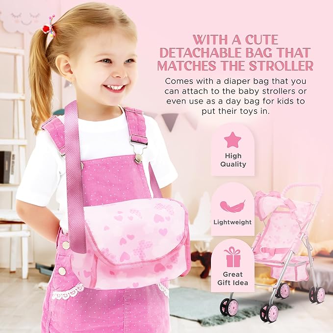 Baby Doll Stroller Bed and Swing Nursery Playset, Baby Doll Accessories Furniture Set Convertible High Chair Diaper Bag Role Play Deluxe Baby Doll Set