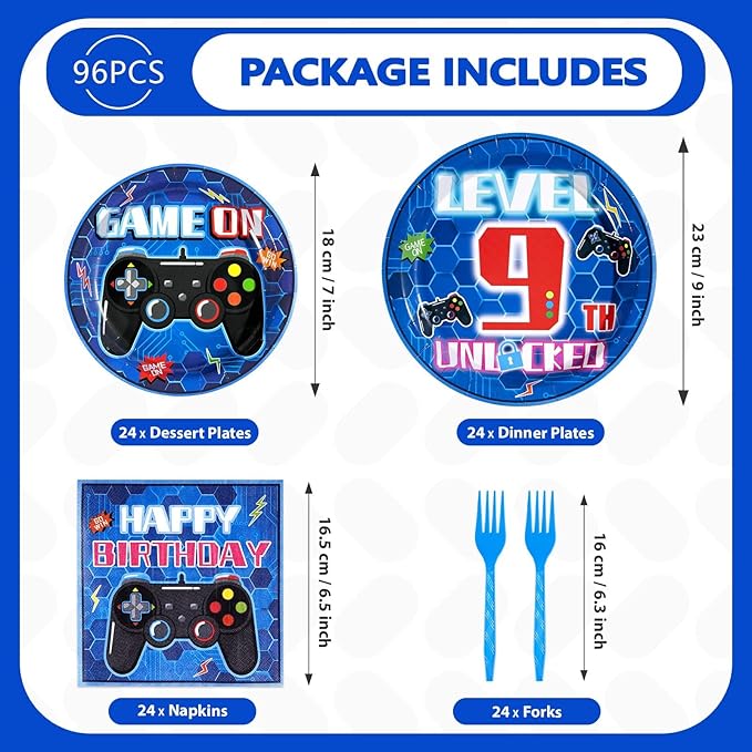 96Pcs 9th Video Game Birthday Party Decorations Blue Video Game Level 9 Birthday Plates and Napkins Tableware Sets for Kids Boys 9 Years Old Gamer Gaming Party Favors Serves 24