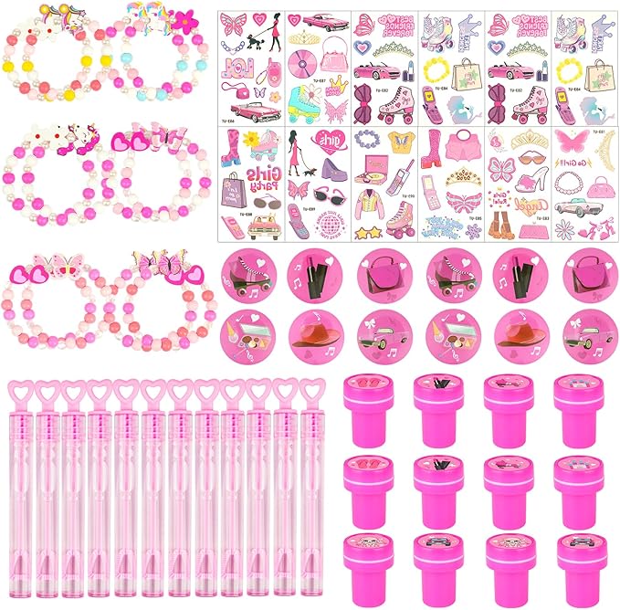 128 PCS Hot Pink Party Favors Decorations ,Princess Birthday Supplies Bracelet Stickers Pin Stamp Bubble Wand Gifts Stuffers for Girls Kids