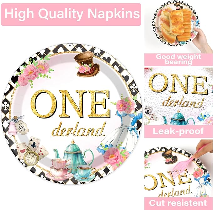 100Pcs Wonderland 1st Birthday Party Supplies - Onederland 1st Birthday Paper Plates, Napkins, Fork Set, Disposable Fairy Tableware Decorations for Girls Baby Shower Dinner Serves 25