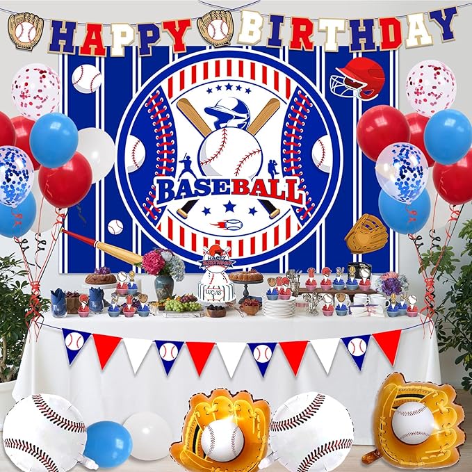 Baseball Birthday Party Decorations, 64 PCS Baseball Party Supplies Kit, Include Backdrop, Happy Birthday Banner, Balloons, Cupcake, Cake Toppers