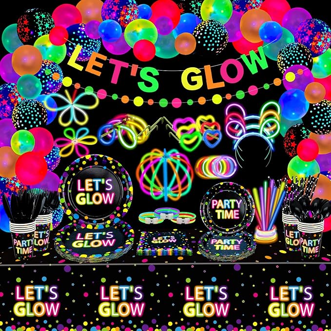 458 Pcs Glow Party Supplies - Include Balloons, Banner, Glow Sticks, Tableware and Tablecloths for Neon Party Decorations, Serves 20