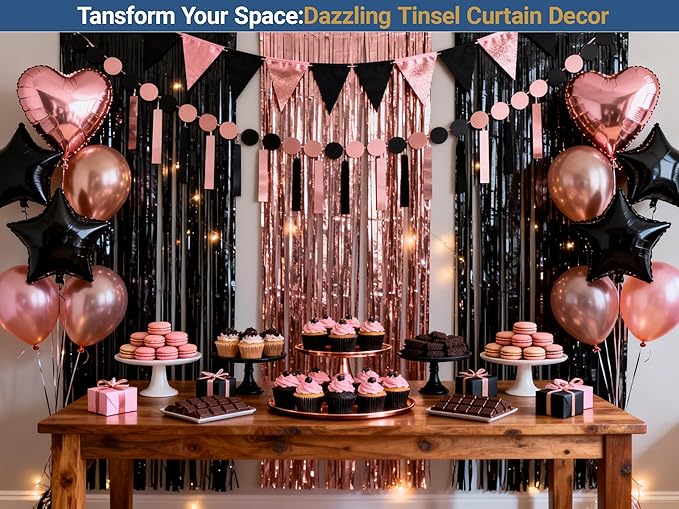 3 Packs Rose Gold and Black Foil Fringe Curtains, Birthday Party Decorations Backdrop Tinsel Steamer, Wedding Engagement Bridal Shower Party Decorations Retirement Decor Graduation Party Backdrop