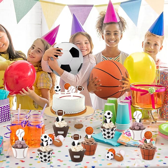 48 Pack Sports Balls Cupcake Toppers and Wrappers, Football Basketball Soccer Baseball Cake Decoration for Sport Theme Birthday Party Sports Game Day Party Supplies