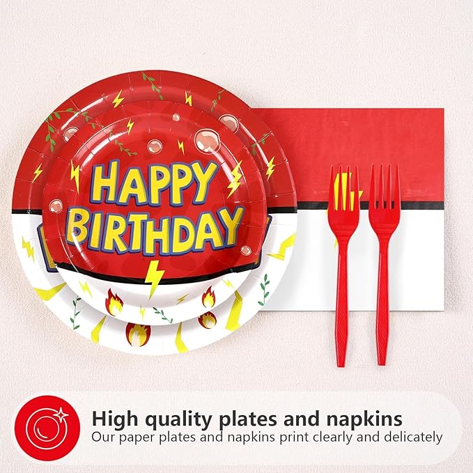 Grencian 200Pcs Happy Birthday Party Supplies Cartoon Anime Paper Plates and Napkins Tableware Sets Red and White Yellow Lightning Decoration for Birthday Cartoon Fun Kids Children Party Serves 50