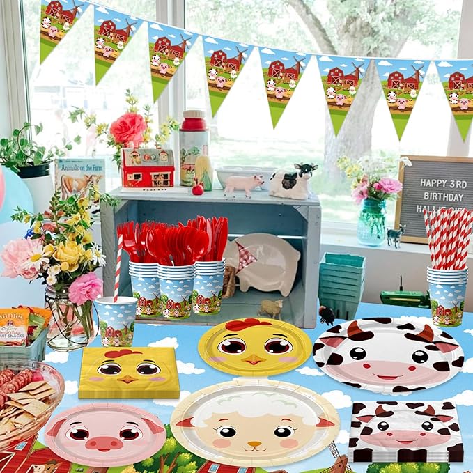 Farm Birthday Party Supplies, Including Farm Napkins Farm Animal Plates Tablecloth Banner and Dinnerware for Farm Theme Birthday Decorations, Serves 20