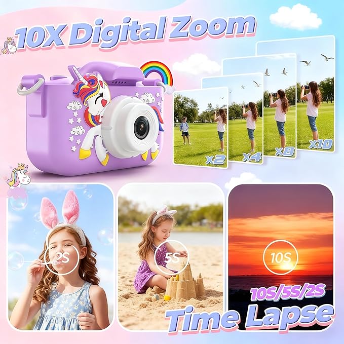 Kids Digital Camera Toy for Boys and Girls Aged 3-12, Unicorn 1080P Children's Camera, Christmas Birthday Gift, Toddler Digital Video Camera for Girls with 32GB SD Card/Reader (Purple)