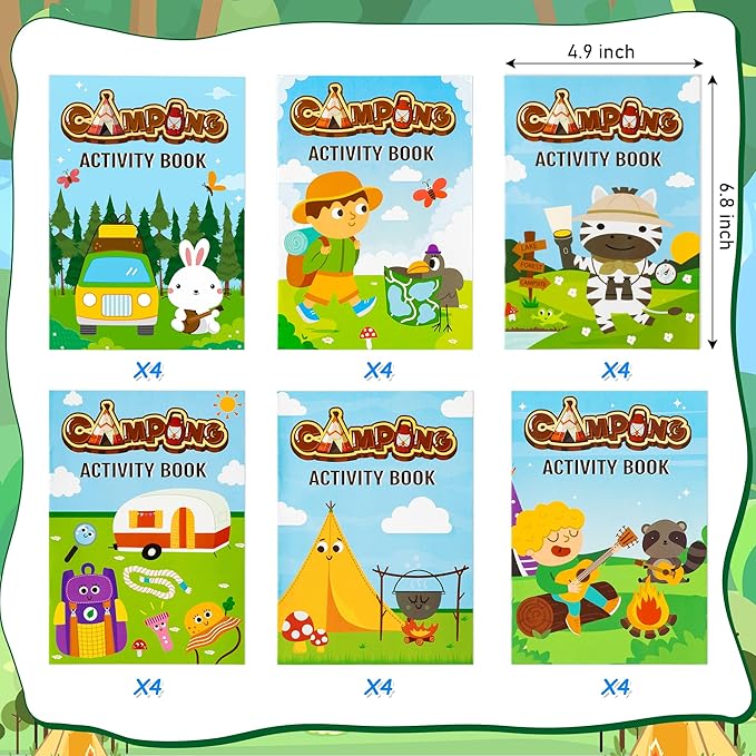 24Pcs Travel Camping Activity Books - Happy Camper Mini Fun Games Coloring Book Bulk Party Favors Goodie Bags Stuffers for Birthday Classroom School Students Rewards Supplies