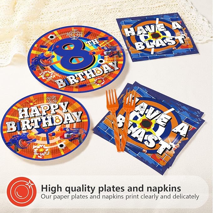 96Pcs Dart War 8th Birthday Party Supplies Dart War 8th Birthday Theme Plates and Napkins Blue and Orange Tableware Set for Boys' 8 Years Old Birthday Party Decoration Serves 24