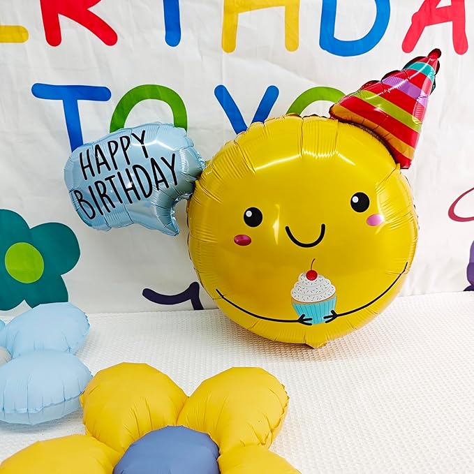 Cute Smiling Foil Balloon Sunshine Smiley Face Party Decorations Happy Birthday Message Bubble Decoration Gift Hat Holding Cake Birthday Party Background Layout Decoration Baby Shower Supplies
