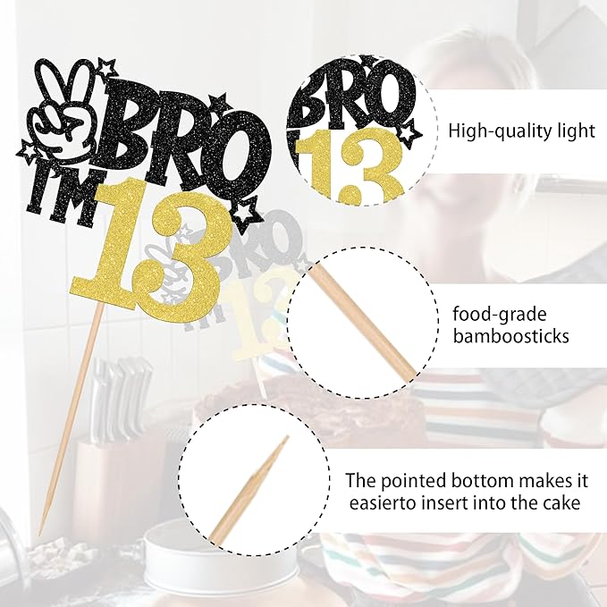 1 PCS Brother I'm 13 Cake Topper Glitter Star Happy 13th Birthday Cake Pick Bro I'm 13 Cake Decoration It's My 13th Birthday Decorations for Boys Cheers to 13 Years Old Birthday Party Supplies Gold