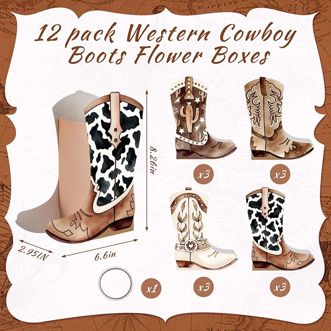 12 Set Western Boots Flower Boxes Centerpiece Boot Shape Gift Boxes Party Decoration Vase Centerpieces for Tables Boots Rodeo Birthday Baby Shower Supplies (Western,Cowboy Cow)