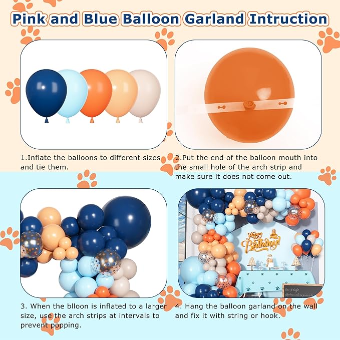 170Pcs Blue and Orange Balloons Arch Garland Kit, Navy Light Blue Orange Beige Confetti Balloons for Engagement Wedding Cartoon Dog Themed Birthday Party Decorations Supplies