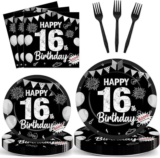 96PCS 16th Birthday Plates and Napkins Black Silver 16th Birthday Supplies for Boys and Girls Disposable Dessert Paper Plates Happy 16 Year Old Party Kids Birthday Gatherings Decorations
