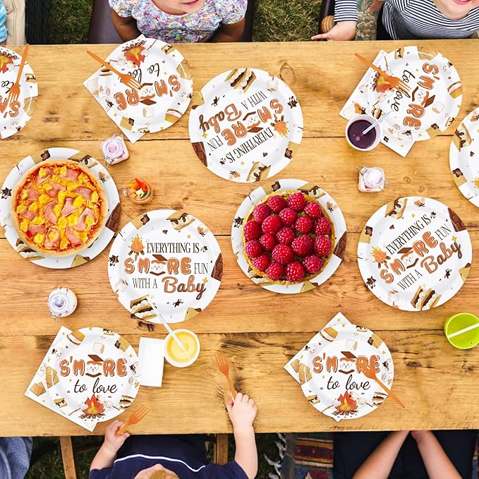 96Pcs S'mores Camping Baby Shower Decorations Everything is S’More Fun with a Baby Plates and Napkins Camping Theme Tableware Set for S’more to Love Kid Camper Campfire Bonfire Party Supplies Serves24