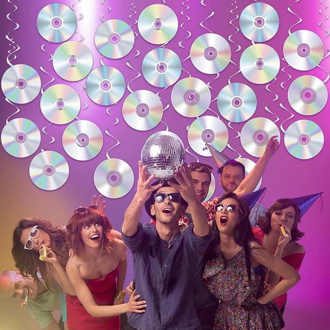 Pajean 25 Pcs CD Swirls Decorations 90s Party Hanging Decorations Retro 80s 90s Music Theme Ceiling Streamers Iridescent CD Disco Wall Cutouts for 1990s 2000s Y2k Birthday Throwback Supplies