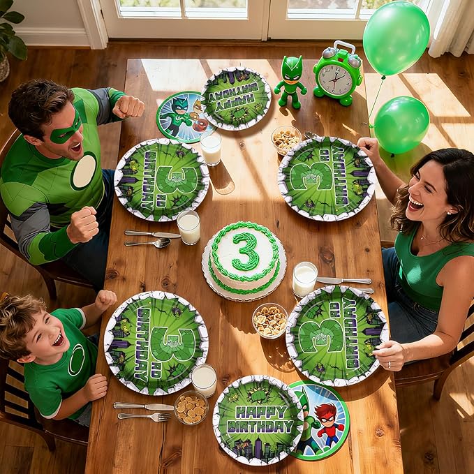 96Pcs Green Hero 3rd Birthday Party Supplies Super Green Hero 3rd Birthday Plates and Napkins Cityscape Super Bang Cartoon Movie Tableware Set for Kid 3 Year Old Party Supplies，Serves 24