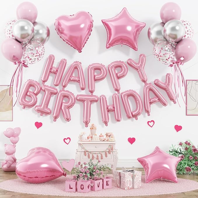 29PC Pastel Pink Happy Birthday Balloons Banner, 16 Inch Aluminum Letter Banner Sign, Pink Silver Confetti Balloon 18 Inch Star Heart Foil Balloon for Women, Girls Birthday Party Supply