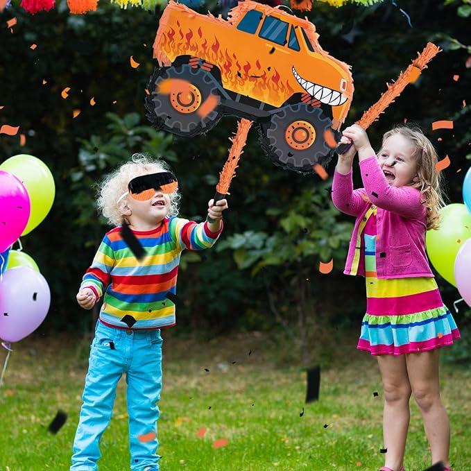 Truck Piñata - Monster Truck Piñata Bundle with Blindfold and Bat for Piñata Theme Party Decoration Supplies Cool Car Piñata for Birthday Party Carnival Celebration Game (15.75*11*2.36 Inch,Small)
