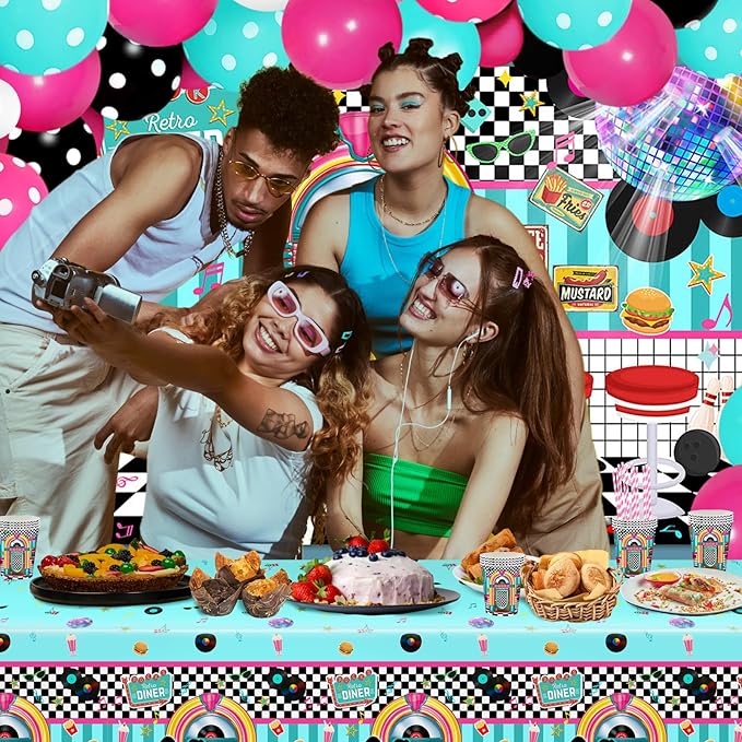 50s Party Decorations 280 PCS 1950s Retro Diner Decorations Sock Hop Backdrop Balloons Plates Napkins Cups Tablecloth Grease Music Party Supplies Serve 24