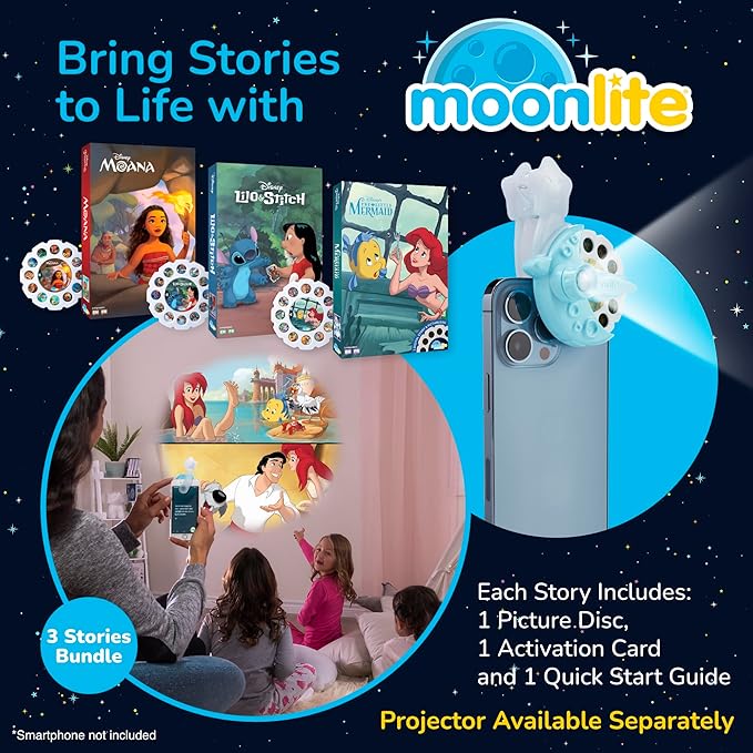Moonlite Storytime 3-Story Bundle, Requires Moonlite Projector (Sold Separately), Moana, Lilo & Stitch, and The Little Mermaid, Vibrant Storybook Art Projections with Sound Effects & Music