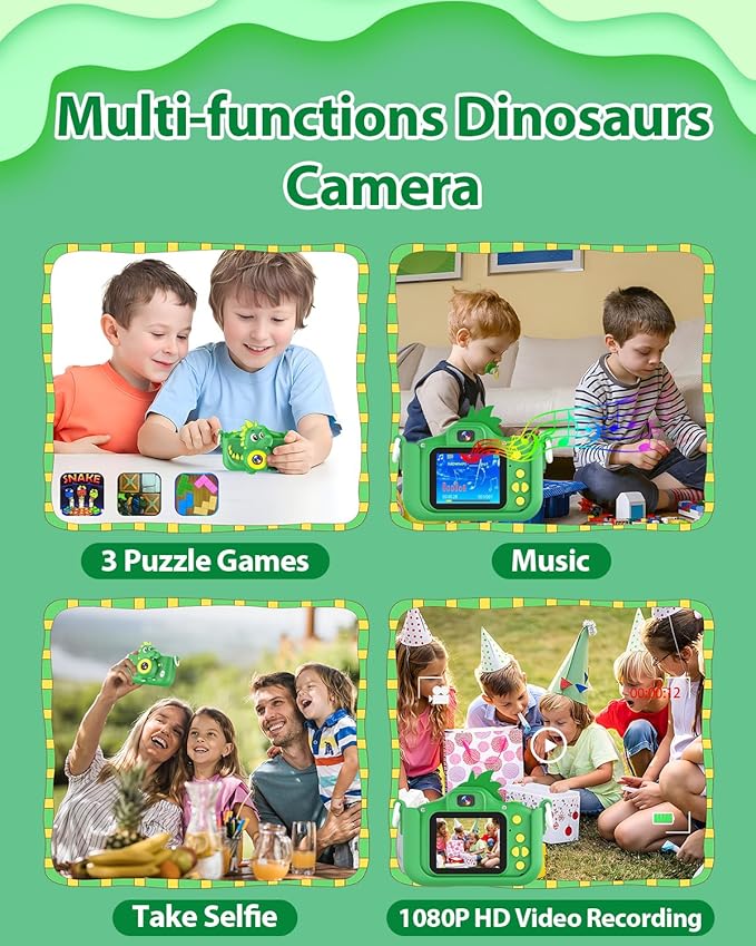 Dinosaur Kids Camera Toys, Camera for Kids with 32GB SD Card 1080P HD Kids Digital Camera Suitable for 3 4 5 6 7 8 9 Years Old Girls and Boys Gift Toys