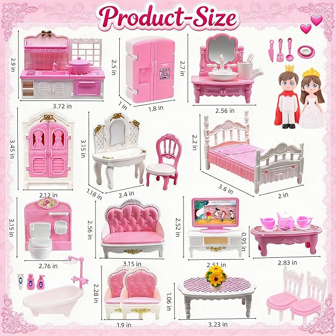52 Pcs Dollhouse Furniture, Doll House Accessories and Furniture, Kitchen, Bedroom, Living Room, Bathroom Accessories, Miniature Dollhouse Accessories