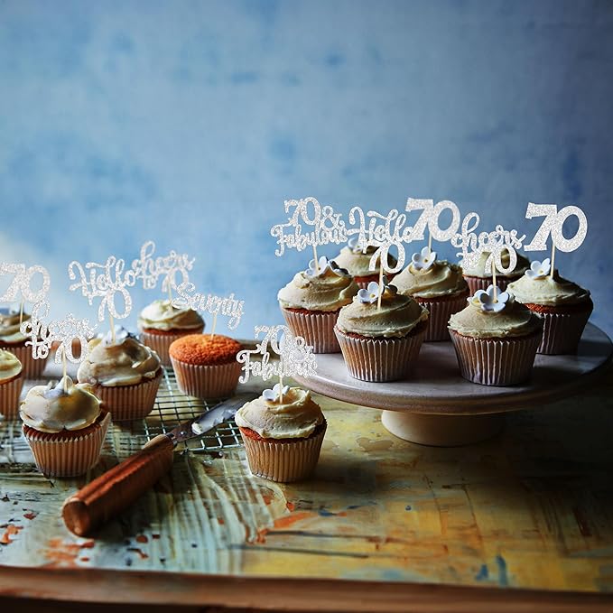 30Pcs Happy 70th Birthday Cupcake Toppers Seventy Cheers to 70 Years Old Birthday Cupcake Picks for 70th Birthday Anniversary Party Cake Decorations Supplies Silver Glitter